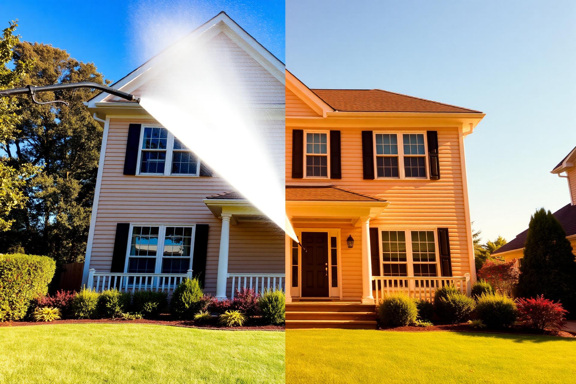Professional pressure washing revealing a bright, clean home exterior